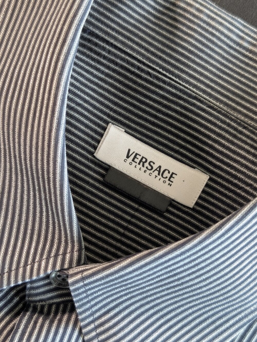 Versace Collection Men's Sheer Light Grey and White Striped  Dress Shirt 16.5